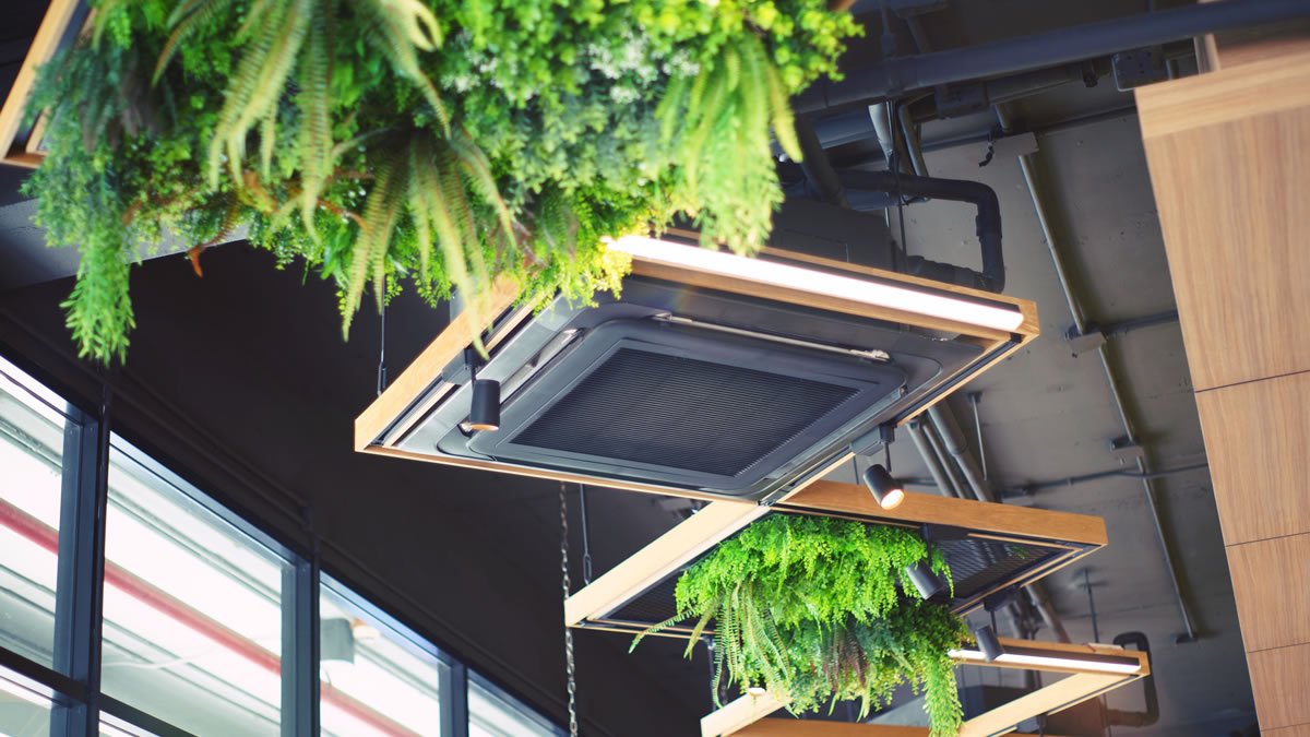 Suspended air con unit in large room with plants either side